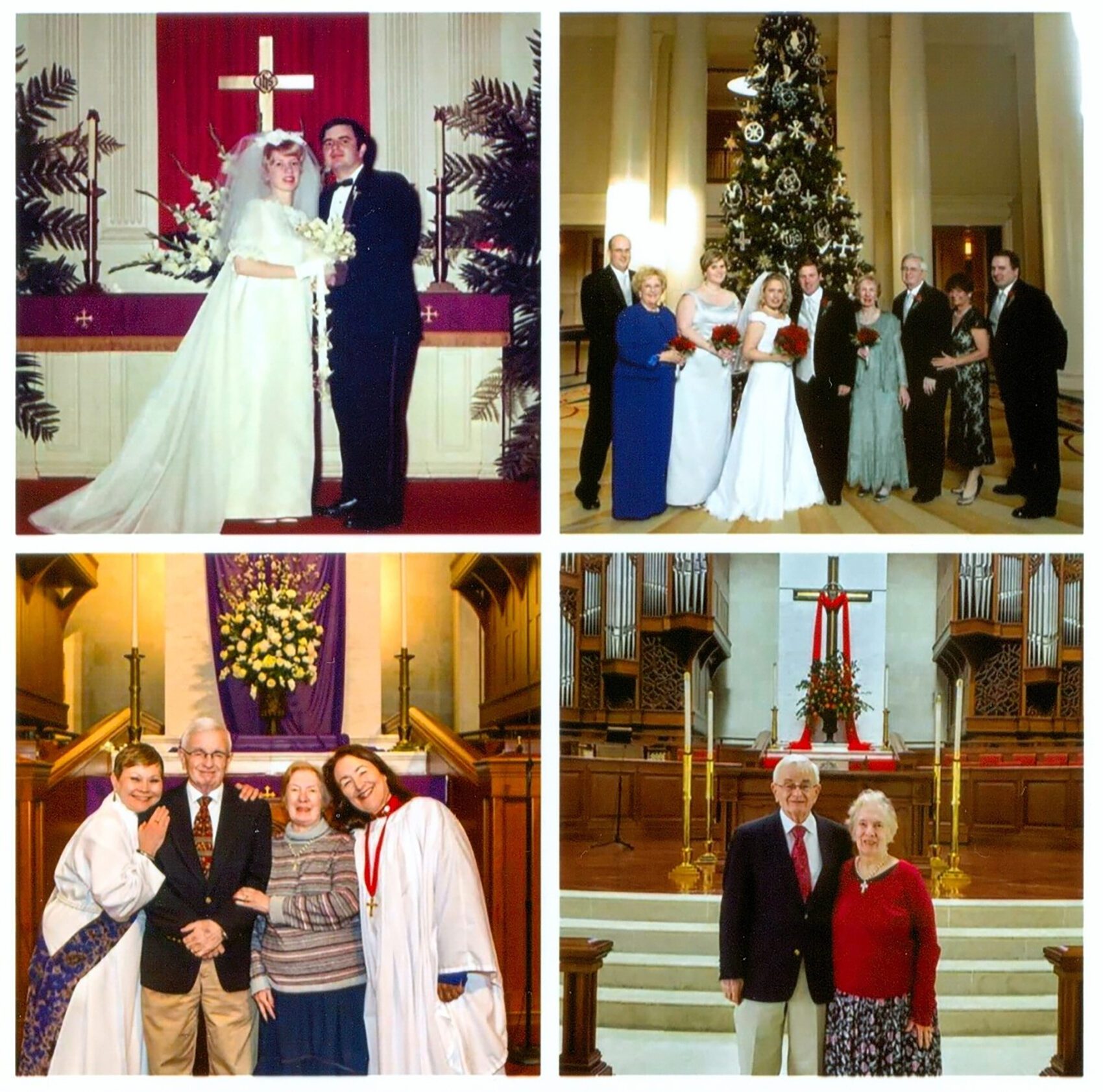 Fred and Carolyn Broce on their wedding day and years later at Peachtree Road UMC in Atlanta, GA.